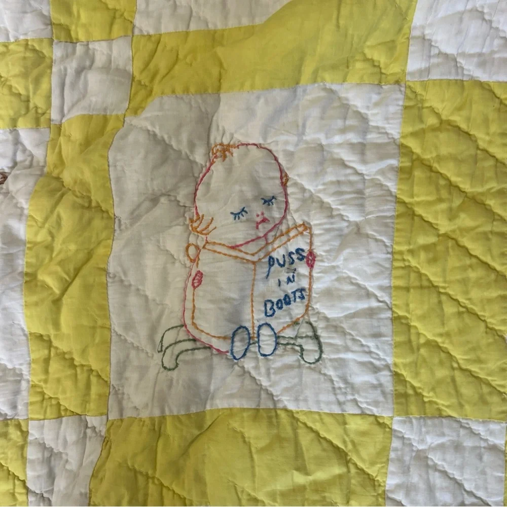 Vintage Handmade quilt Baby Blanket Embroidered Animals Yellow 64x78